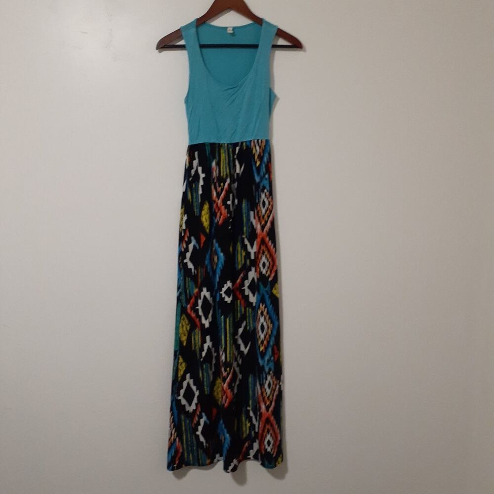 Tyche Women's Maxi Dress S Blue Black Geometric Print